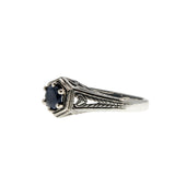 Indigo & Hearts - Estate Sterling Silver Natural Sapphire Filigree Engraved Ring (ER422)