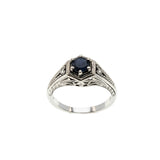Indigo & Hearts - Estate Sterling Silver Natural Sapphire Filigree Engraved Ring (ER422)