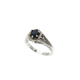 Indigo & Hearts - Estate Sterling Silver Natural Sapphire Filigree Engraved Ring (ER422)