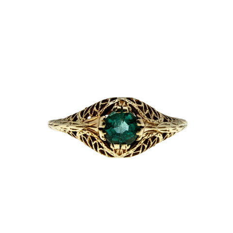 Antique Green - Edwardian 14K Gold Natural Emerald Filigree Ring (EDR088)
