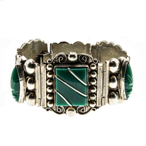 Cultural Adornment - Vintage Signed ALPACCA MEXICO Green Onyx Bracelet (VE354)