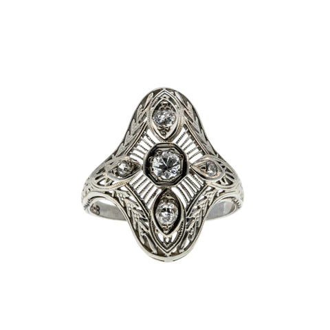 Downton Elegance - Edwardian 18K White Gold Natural 'Old Mine Cut' Diamond Filigree Shield Ring  (EDR089)