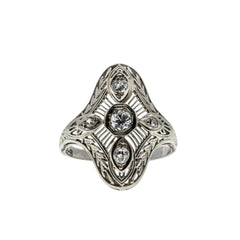 Downton Elegance - Edwardian 18K White Gold Natural 'Old Mine Cut' Diamond Filigree Shield Ring  (EDR089)