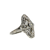Downton Elegance - Edwardian 18K White Gold Natural 'Old Mine Cut' Diamond Filigree Shield Ring  (EDR089)