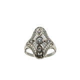 Downton Elegance - Edwardian 18K White Gold Natural 'Old Mine Cut' Diamond Filigree Shield Ring  (EDR089)
