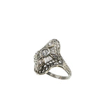 Downton Elegance - Edwardian 18K White Gold Natural 'Old Mine Cut' Diamond Filigree Shield Ring  (EDR089)