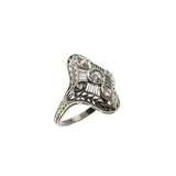 Downton Elegance - Edwardian 18K White Gold Natural 'Old Mine Cut' Diamond Filigree Shield Ring  (EDR089)