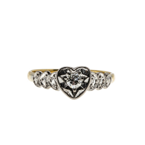 Romantic Proposal - Edwardian English 18K Gold & Platinum Natural 'Old European Cut' Diamond Heart Engagement Ring (EDR091)