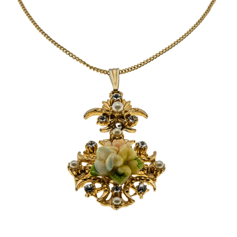 Ornate Delicacy - Vintage Gold Plated Crystal Rhinestone, Pearl & Porcelain Floral Pendant & Chain (VP255)
