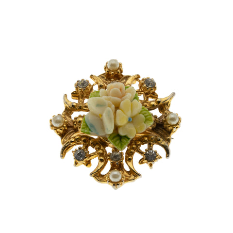 Ornate Delicacy - Vintage Gold Plated Crystal Rhinestone, Pearl & Porcelain Floral Brooch (VBR310)