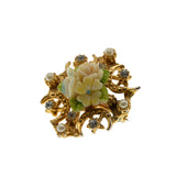 Ornate Delicacy - Vintage Gold Plated Crystal Rhinestone, Pearl & Porcelain Floral Brooch (VBR310)