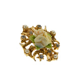 Ornate Delicacy - Vintage Gold Plated Crystal Rhinestone, Pearl & Porcelain Floral Brooch (VBR310)