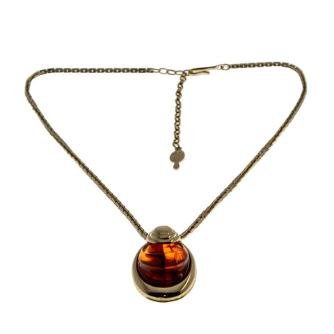 Sarah Coventry - Vintage Signed 'SC' Gold Plated Amber Glass Pendant & Chain (VP257)