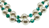Signed Sherman - Vintage Rhodium Plated Pearl & Emerald Green Austrian Swarovski Crystal Beaded Necklace & Clip -On Earring Set (VN229)