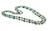 Signed Sherman - Vintage Rhodium Plated Pearl & Emerald Green Austrian Swarovski Crystal Beaded Necklace & Clip -On Earring Set (VN229)