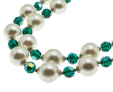 Signed Sherman - Vintage Rhodium Plated Pearl & Emerald Green Austrian Swarovski Crystal Beaded Necklace & Clip -On Earring Set (VN229)