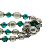 Signed Sherman - Vintage Rhodium Plated Pearl & Emerald Green Austrian Swarovski Crystal Beaded Necklace & Clip -On Earring Set (VN229)