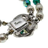 Signed Sherman - Vintage Rhodium Plated Pearl & Emerald Green Austrian Swarovski Crystal Beaded Necklace & Clip -On Earring Set (VN229)