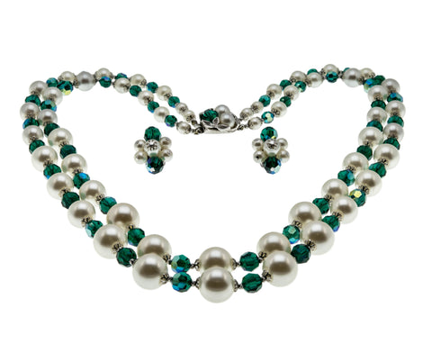 Signed Sherman - Vintage Rhodium Plated Pearl & Emerald Green Austrian Swarovski Crystal Beaded Necklace & Clip -On Earring Set (VN229)