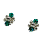 Signed Sherman - Vintage Rhodium Plated Pearl & Emerald Green Austrian Swarovski Crystal Beaded Necklace & Clip -On Earring Set (VN229)