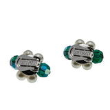Signed Sherman - Vintage Rhodium Plated Pearl & Emerald Green Austrian Swarovski Crystal Beaded Necklace & Clip -On Earring Set (VN229)
