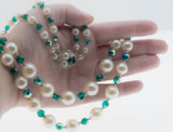 Signed Sherman - Vintage Rhodium Plated Pearl & Emerald Green Austrian Swarovski Crystal Beaded Necklace & Clip -On Earring Set (VN229)