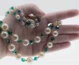 Signed Sherman - Vintage Rhodium Plated Pearl & Emerald Green Austrian Swarovski Crystal Beaded Necklace & Clip -On Earring Set (VN229)