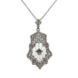 Signed' ESEMCO' - Art Deco 10K White Gold Natural Diamond & Carved Rock Crystal Quartz  Filigree Pendant (ADP023)