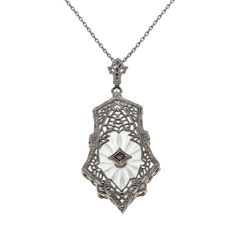 Signed' ESEMCO' - Art Deco 10K White Gold Natural Diamond & Carved Rock Crystal Quartz  Filigree Pendant (ADP023)