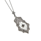 Signed' ESEMCO' - Art Deco 10K White Gold Natural Diamond & Carved Rock Crystal Quartz  Filigree Pendant (ADP023)