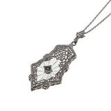 Signed' ESEMCO' - Art Deco 10K White Gold Natural Diamond & Carved Rock Crystal Quartz  Filigree Pendant (ADP023)