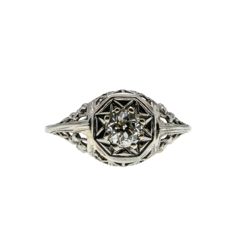 Starlight - Edwardian 18K White Gold 'Star-Set' Natural 'Old European Cut' Diamond 'Forget Me Knot' Filigree Ring (EDR094)