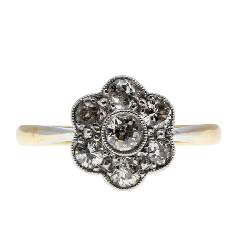 Sparkling Daisy - Edwardian English Platinum 18K Gold Natural 'Old European Cut' Diamond Flower Ring (EDR095)