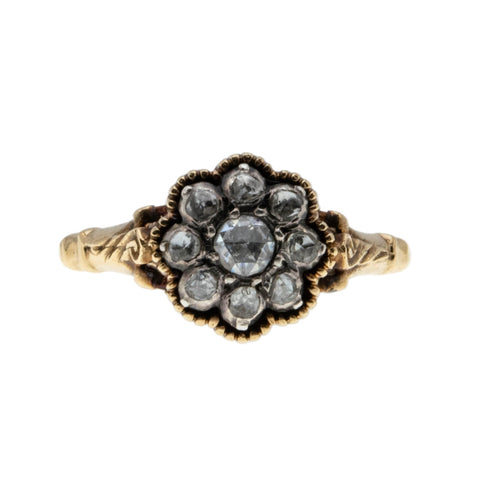 A Moment In Time - Georgian 14K Gold, Silver Natural Dutch Rose Cut Diamond Carved Daisy Cluster Ring (GR033)