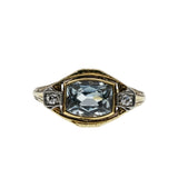 Blue Horizon - Edwardian European 14K Gold Natural Aquamarine & 'Old European cut' Diamond Filigree Ring (EDR096)