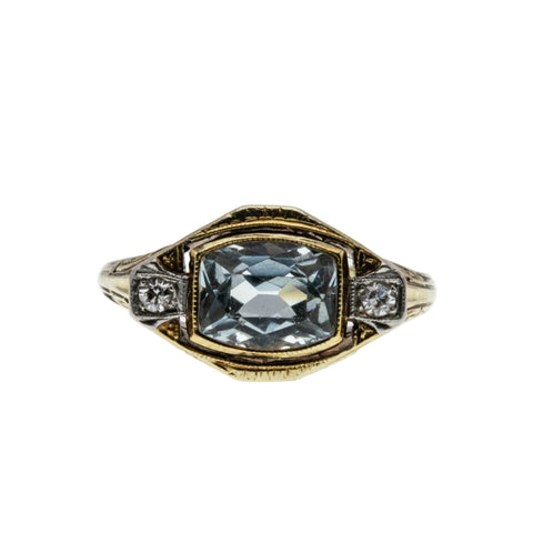 Blue Horizon - Edwardian European 14K Gold Natural Aquamarine & 'Old European cut' Diamond Filigree Ring (EDR096)