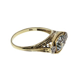 Blue Horizon - Edwardian European 14K Gold Natural Aquamarine & 'Old European cut' Diamond Filigree Ring (EDR096)