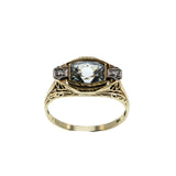 Blue Horizon - Edwardian European 14K Gold Natural Aquamarine & 'Old European cut' Diamond Filigree Ring (EDR096)