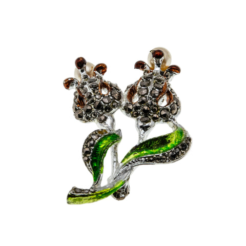 Charming Rosebuds - Vintage Silver Tone Pearl, Marcasite, Enamel Flower Brooch (VBR318)