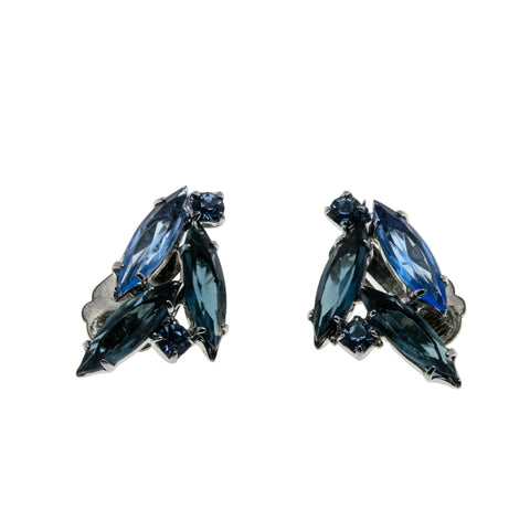 Shades Of Blue - Vintage Rhodium Plated Crystal Rhinestone Clip-On Earrings (VE484)