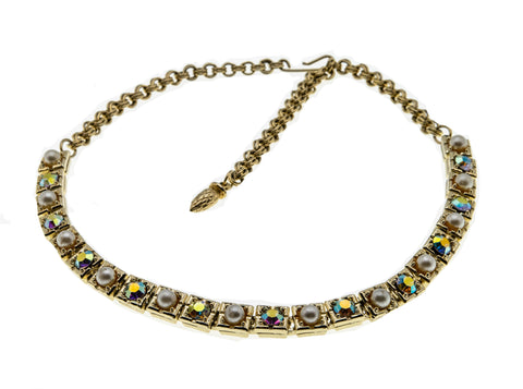 Elegant Bling - Vintage Gold Plated Austrian Swarovski Aurora Borealis Crystal Rhinestone & Pearl Necklace (VN156)