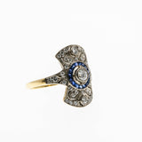 Dream In Deco - Art Deco French 18K Gold Natural Diamond & Blue Sapphire Target Shield Ring (ADR290)