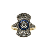 Dream In Deco - Art Deco French 18K Gold Natural Diamond & Blue Sapphire Target Shield Ring (ADR290)