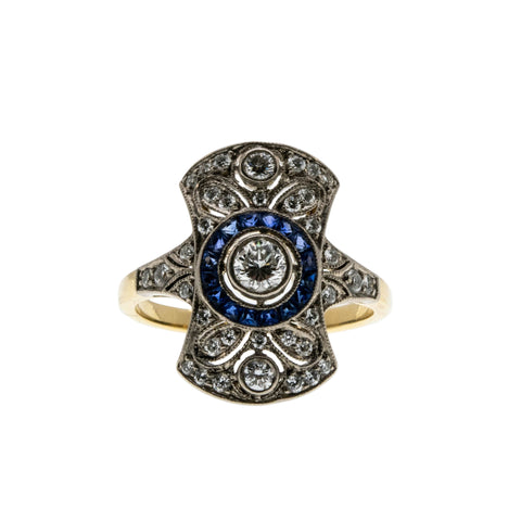 Dream In Deco - Art Deco French 18K Gold Natural Diamond & Blue Sapphire Target Shield Ring (ADR290)