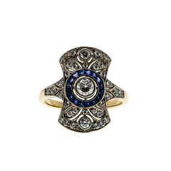 Dream In Deco - Art Deco French 18K Gold Natural Diamond & Blue Sapphire Target Shield Ring (ADR290)