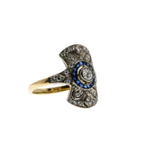 Dream In Deco - Art Deco French 18K Gold Natural Diamond & Blue Sapphire Target Shield Ring (ADR290)