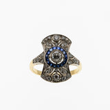 Dream In Deco - Art Deco French 18K Gold Natural Diamond & Blue Sapphire Target Shield Ring (ADR290)