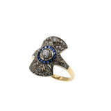 Dream In Deco - Art Deco French 18K Gold Natural Diamond & Blue Sapphire Target Shield Ring (ADR290)