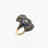 Dream In Deco - Art Deco French 18K Gold Natural Diamond & Blue Sapphire Target Shield Ring (ADR290)