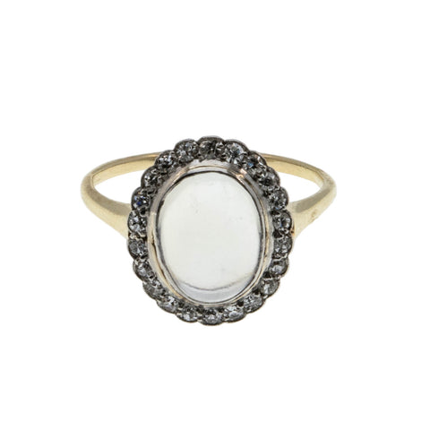 Reserve For Client : Blue Moon - Edwardian French Natural Ceylon Moonstone Cabochon 'Old European Cut" Diamond Cluster Ring (EDR097)